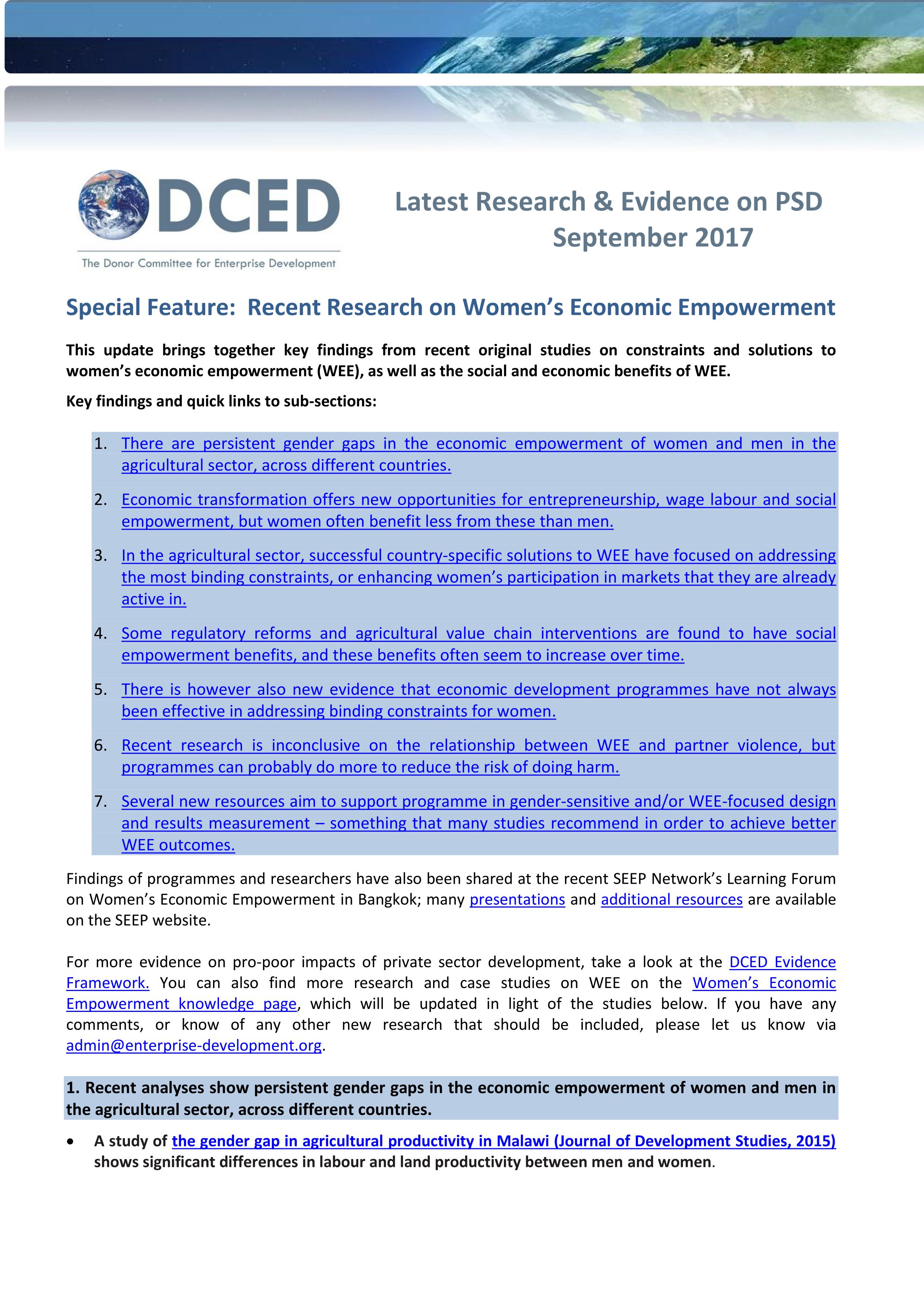 DCED Latest Research and Evidenceon PSD Special Feature WEE 2017