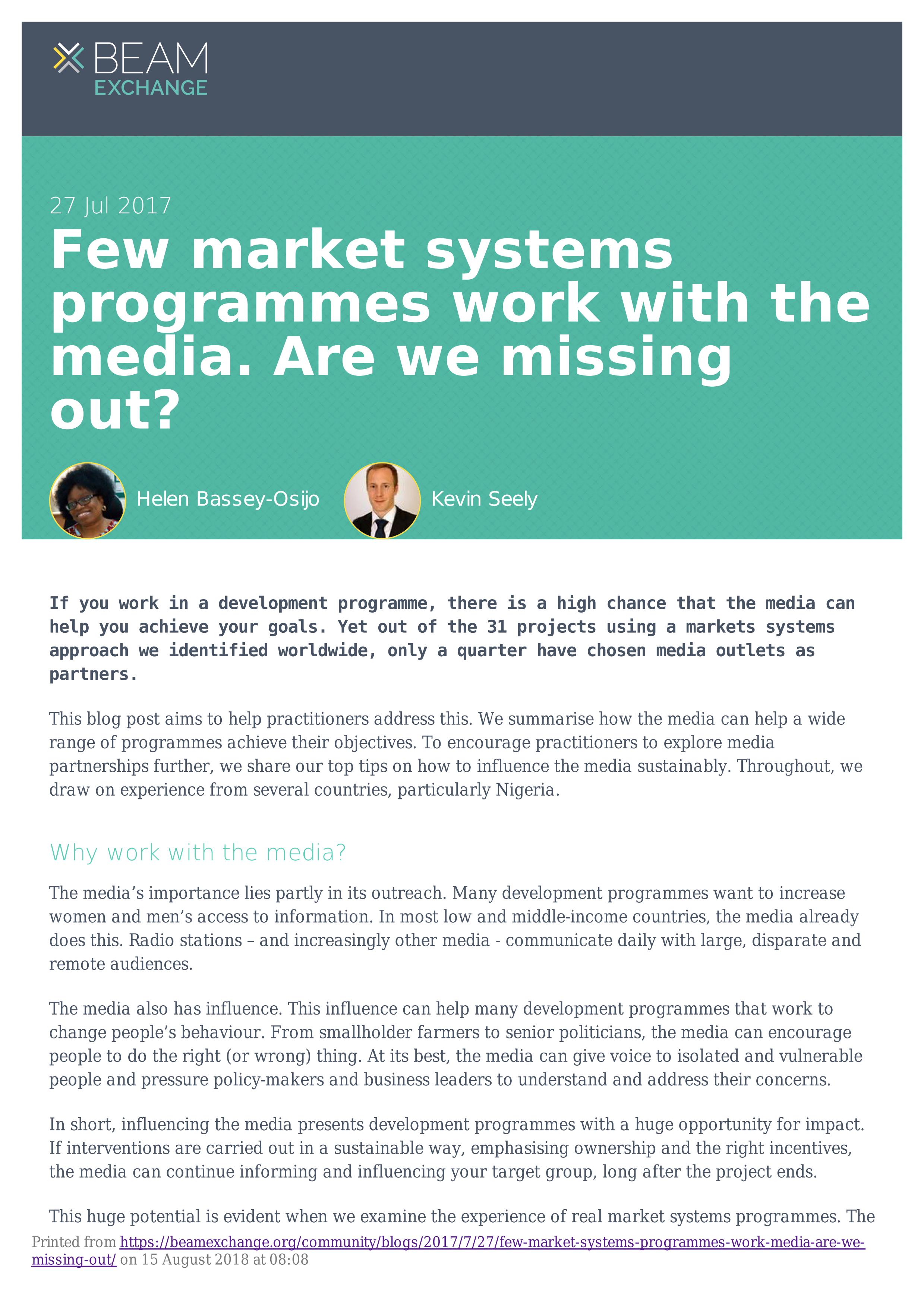 Few market systems programmes work with the media. Are we missing out?