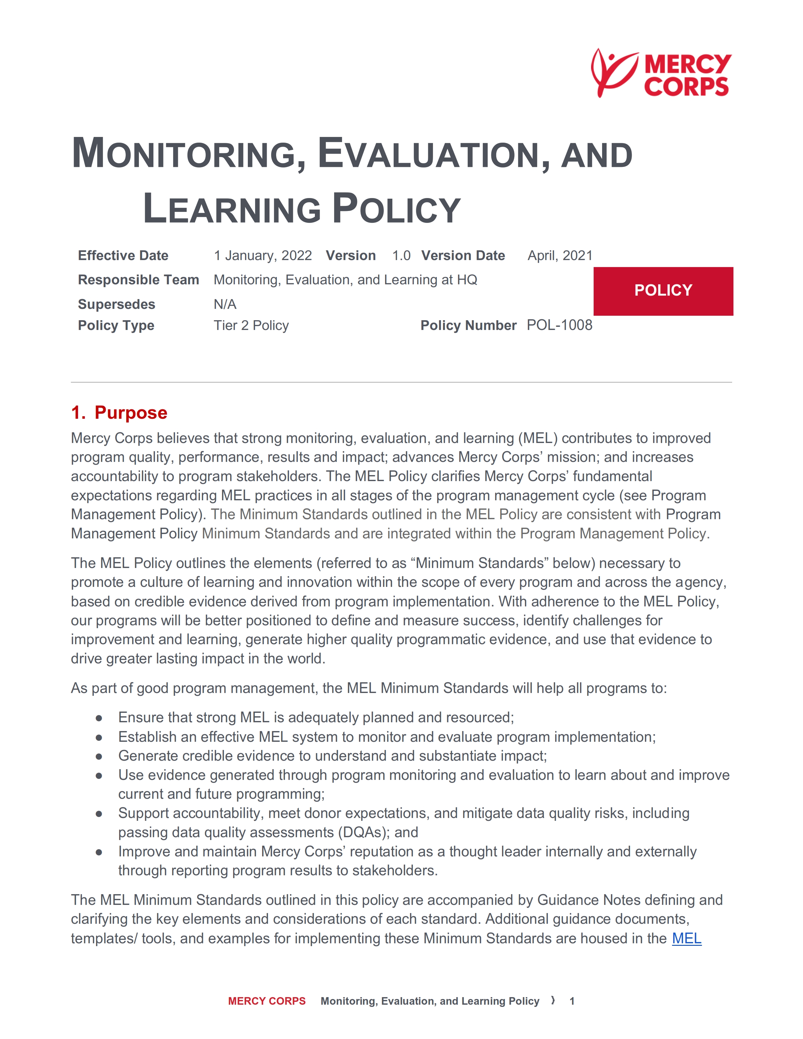 MONITORING, EVALUATION, AND LEARNING POLICY 